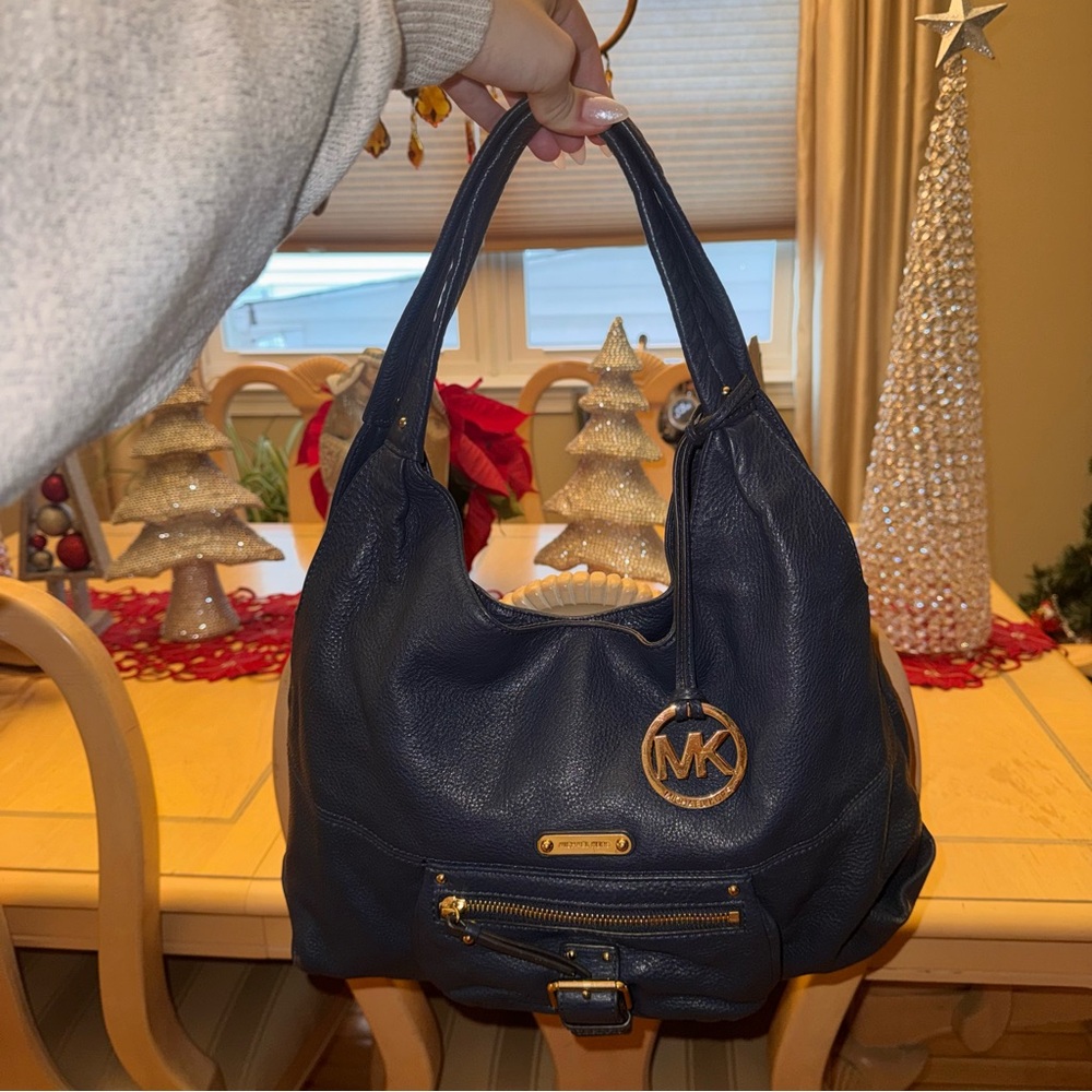 MICHAEL KORS Navy Large Pebbled Leather Satchel Hobo Bag AUSTIN Handbag Shoulder